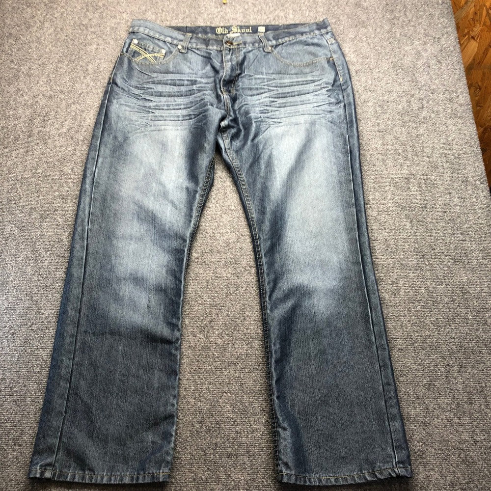 Y2K Old Skool Mens Blue Straight Leg Denim Jeans Size 40 Whiskered Streetwear